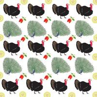 turkey, peacock with fruit as a pattern background vector