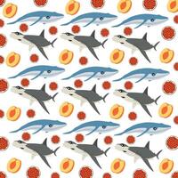 hammerhead shark, whale with fruit as a pattern background vector