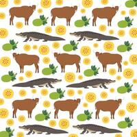 bull, crocodile with fruit as a pattern background vector