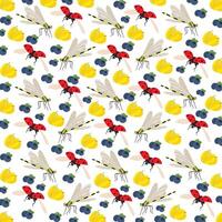 ladybug, dragonfly with fruit as a pattern background vector