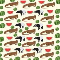 tapir, komodo dragon with fruit as a pattern background vector