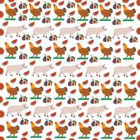 chicken, pig with fruit as a pattern background vector