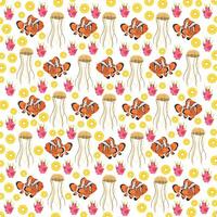 clown fish, jellyfish with food as a pattern background vector