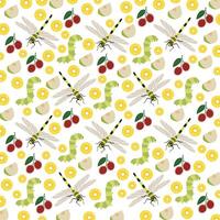 caterpillar, dragonfly with fruit as a pattern background vector