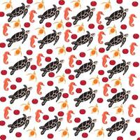 seahorse, turtle with fruit as a pattern background vector