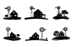 Windmill and Farmhouse Silhouette Set vector