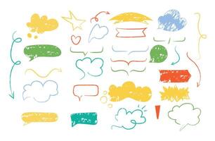 Colorful and Whimsical Handdrawn Crayon Speech Bubbles Accompanied by Arrows in Various Designs vector