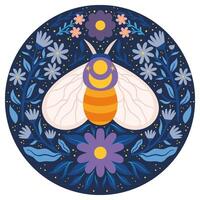 Whimsical Moth with Floral and Celestial Elements. Decorative moth illustration surrounded by flowers and stars in a circular design, vibrant and colorful. vector