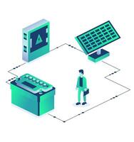 Solar panel for generation of electricity and car battery isolated on white background. Accumulator battery and electrical transformer. Isometric objects. vector