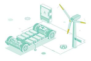 Electric car platform with transformer and wind turbine. Chassis with lithium battery cells pack. Modular system. Isometric outline object isolated on white background. Ecosystem. vector