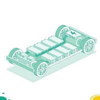 Electric car platform. Chassis with lithium battery cells pack. Modular system. Isometric outline objects isolated on white background. Electric vehicle components. vector