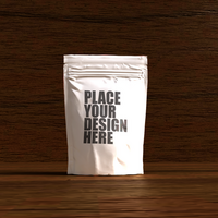 standing pouch front view with wood background psd