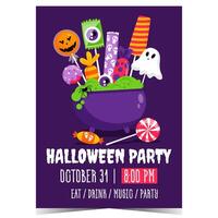 Halloween party design template for an invitation to celebrate All Saints' Day with Trick or Treat and Guising customs. illustration with candies and sweets in a vat of witchcraft potion. vector