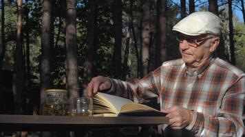 An older gentleman relaxes outdoors, turning pages of a book as he savors tea. Sunlight filters through trees, creating a peaceful atmosphere. video