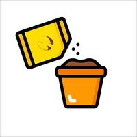 A potted plant with a seed in it and a jar of fertilizer vector