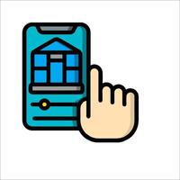 A hand pointing to a house on a smartphone vector