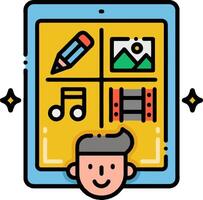 A man is holding a tablet with icons on it vector