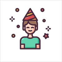 A man wearing a party hat is shown in a line icon vector