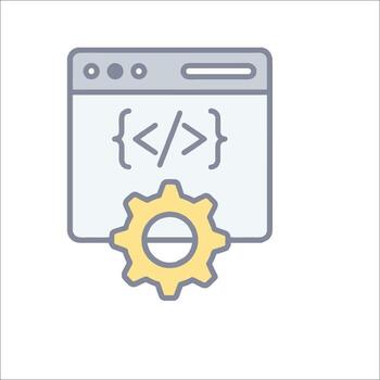 A computer screen with a code symbol and a cogwheel vector