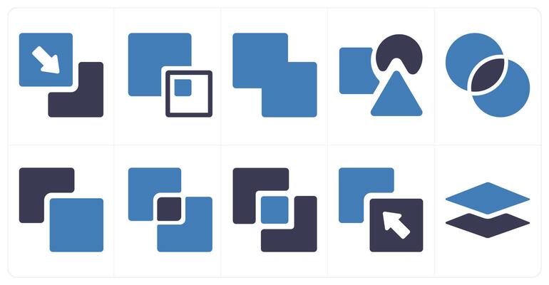 A set of 10 editing tools icons as send to back, back minus front, weld