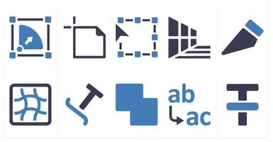 A set of 10 editing tools icons as symmetrical scale, text area, transform vector