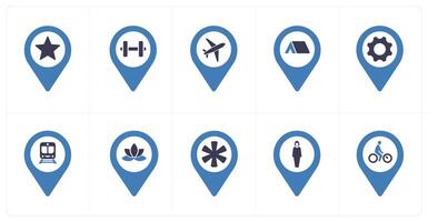 A set of 10 Location Pointer icons as favorite, gym, aeroplane vector