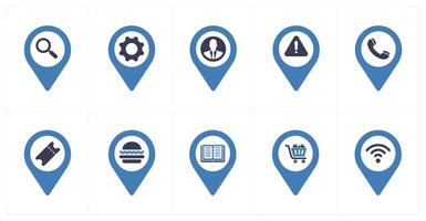 A set of 10 Location Pointer icons as search, options, profile vector