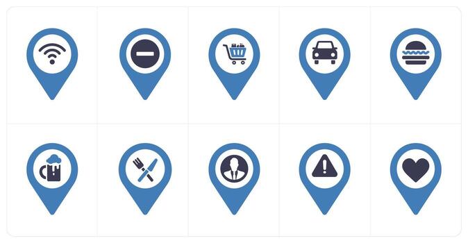 A set of 10 Location Pointer icons as wifi, trash, shopping cart vector