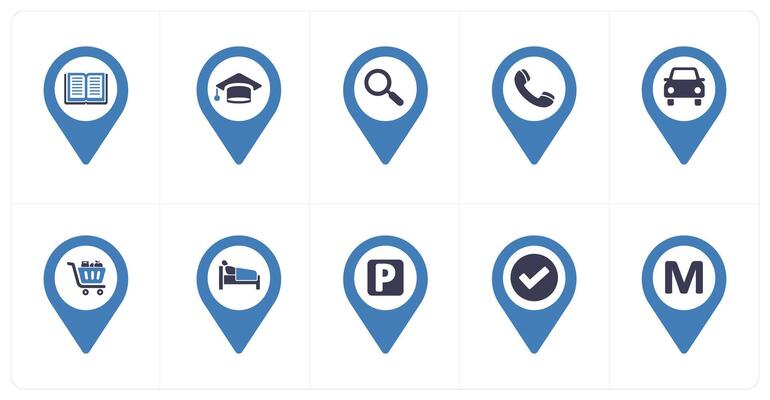 A set of 10 Location Pointer icons as library, graduation, search