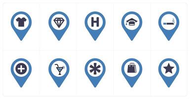 A set of 10 Location Pointer icons as shopping, jewellery, hospital vector