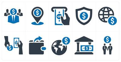 A set of 10 finance and money icons as investor, bank location vector
