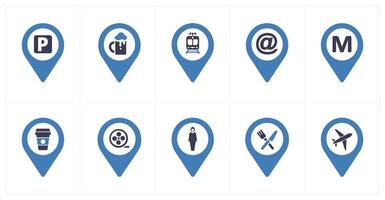 A set of 10 Location Pointer icons as parking spot, bar, rainway station vector
