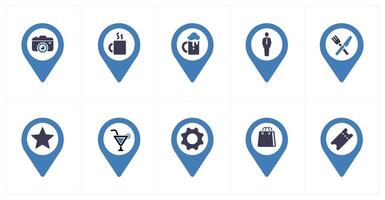 A set of 10 Location Pointer icons as camera, beverage, bar vector