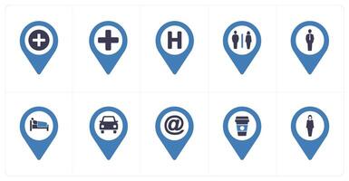 A set of 10 Location Pointer icons as hospital, hospital location, washroom vector