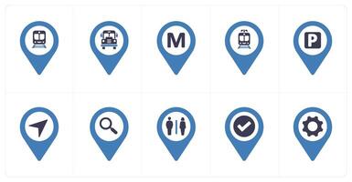 A set of 10 Location Pointer icons as train, bus station, metro station vector