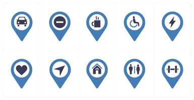 A set of 10 Location Pointer icons as car parking, trash, beverage vector