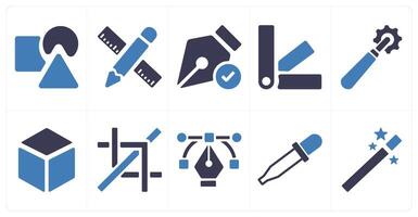 A set of 10 editing tools icons as shapes, pen, color swatches vector
