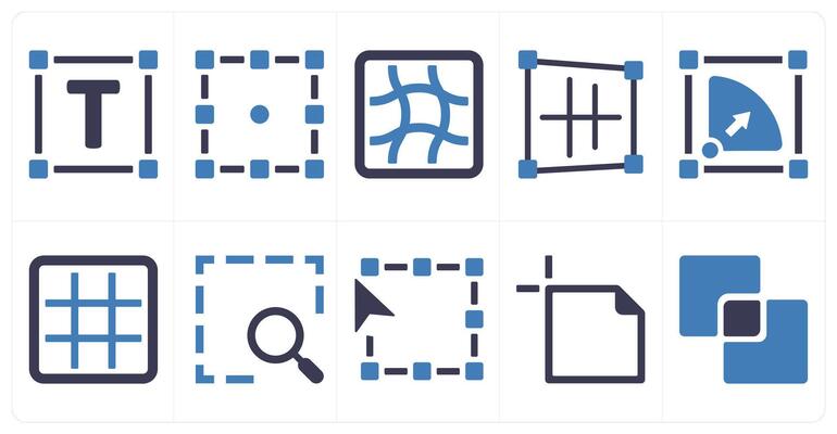 A set of 10 editing tools icons as text area, transform, mesh