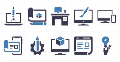 A set of 10 design and creativity icons as website launch, design, office desc, custom design vector