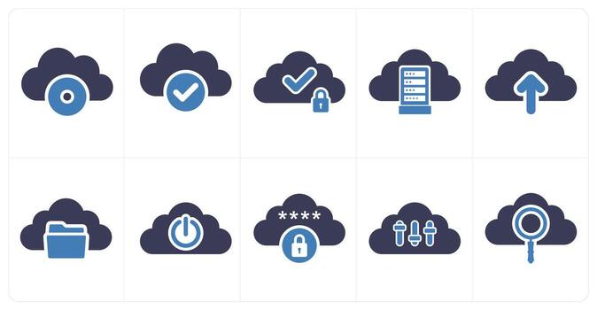 un conjunto de 10 grande datos íconos como nube desct, nube verificación, nube seguridad vector
