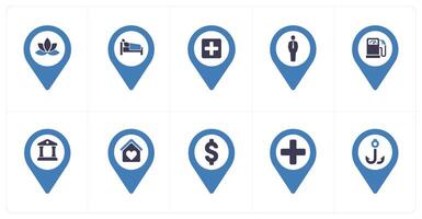 A set of 10 Location Pointer icons as fitness, rest house, hospital vector