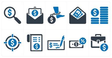 A set of 10 finance and money icons as search investment, banking, debt vector