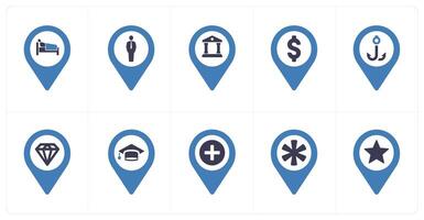 A set of 10 Location Pointer icons as rest house, human, bank vector