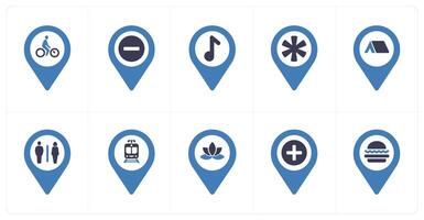 A set of 10 Location Pointer icons as cycling, trash, audio vector