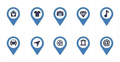 A set of 10 Location Pointer icons as house, shopping, camera vector