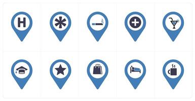 A set of 10 Location Pointer icons as hospital, asterix, smoking vector