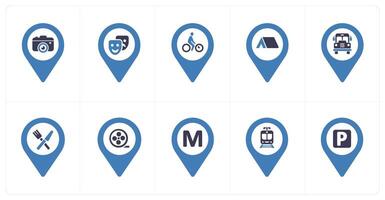 A set of 10 Location Pointer icons as camera, comedy, cycling vector