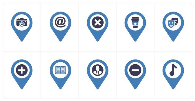 A set of 10 Location Pointer icons as camera, email, delete vector