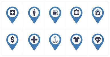 A set of 10 Location Pointer icons as hospital, human, petrol pump vector