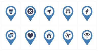 A set of 10 Location Pointer icons as beverage, delete, direction vector